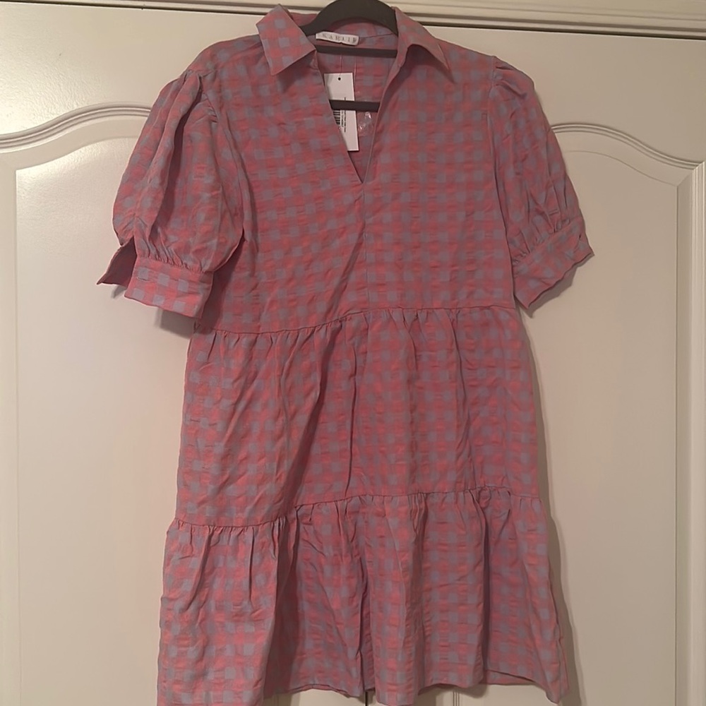 KARLIE Lavender and Pink V Neck Collar Dress